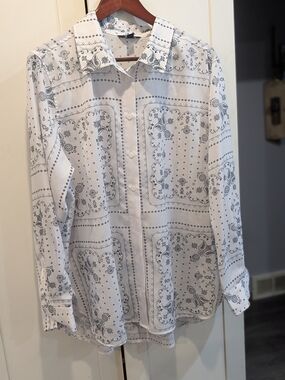 Chaps White Button-Up Blouse with Gray Bandana Print